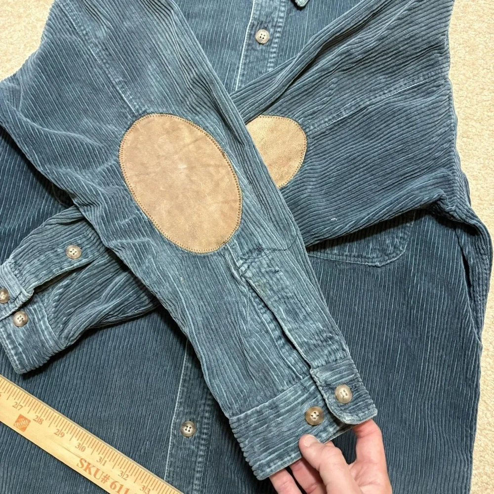 Vtg 80s Banana Republic Safari Corduroy Shirt Mens Medium Blue Suede Elbow Patch
